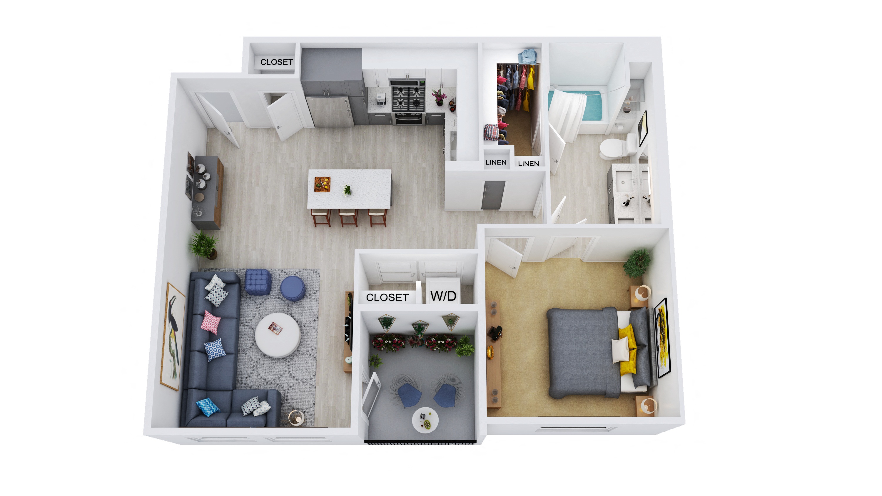 Floor plan for 1 bed, 1 bath, 838 sqft